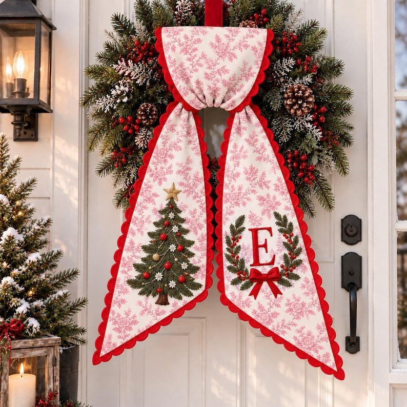 Custom Christmas Tree Wreath Sash with Monogram, Personalized Embroidered Holiday Bow, Christmas Door Decor