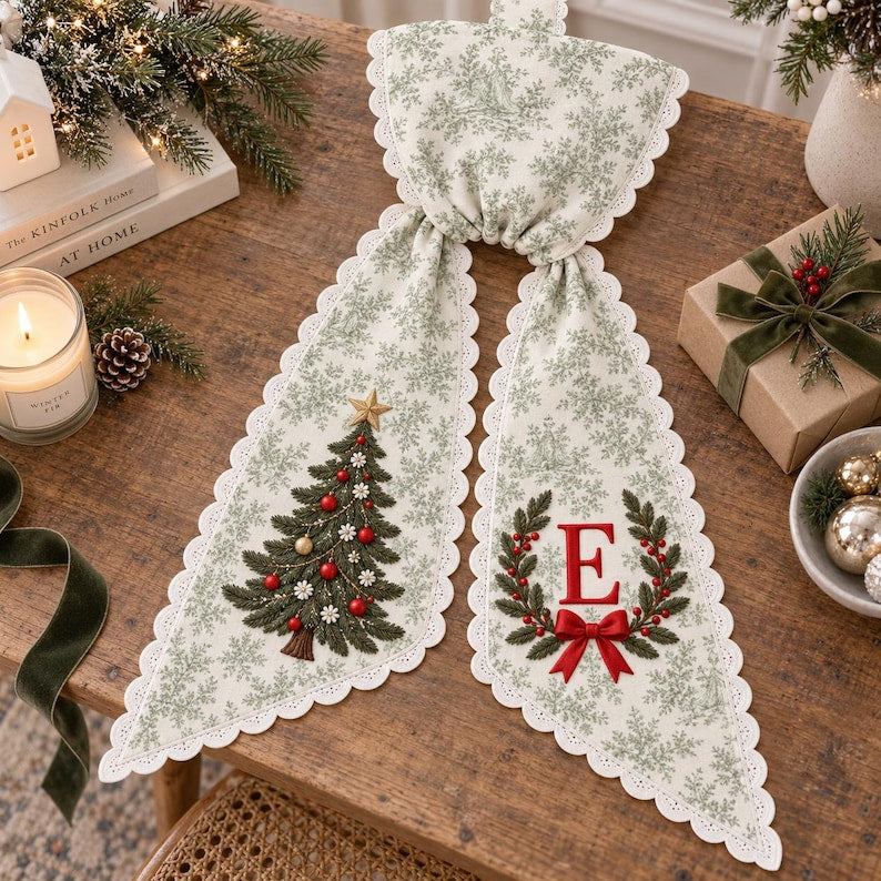 Custom Christmas Tree Wreath Sash with Monogram, Personalized Embroidered Holiday Bow, Christmas Door Decor