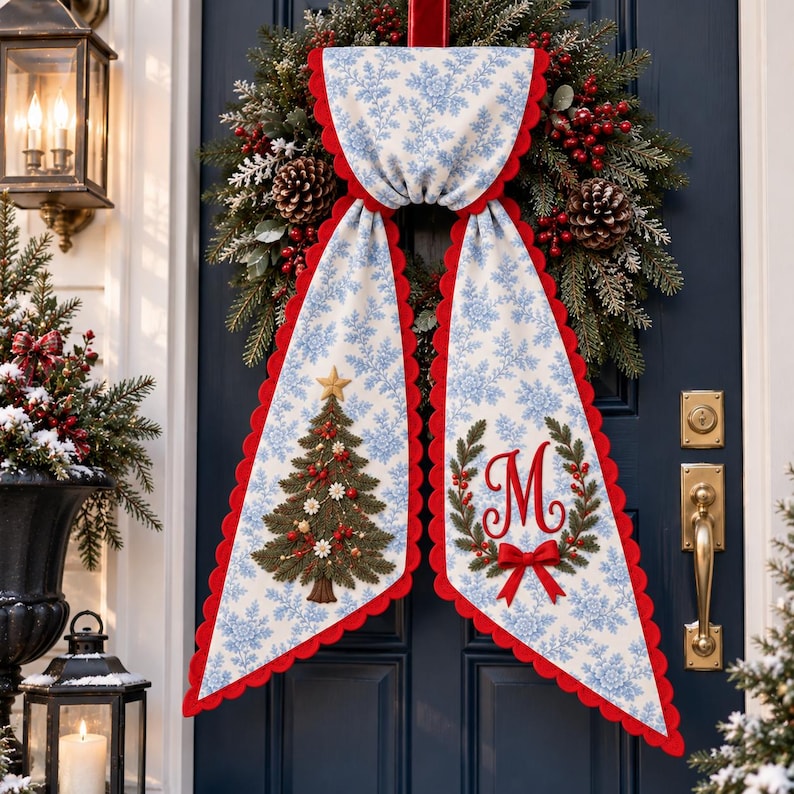 Custom Christmas Tree Wreath Sash with Monogram, Personalized Embroidered Holiday Bow, Christmas Door Decor