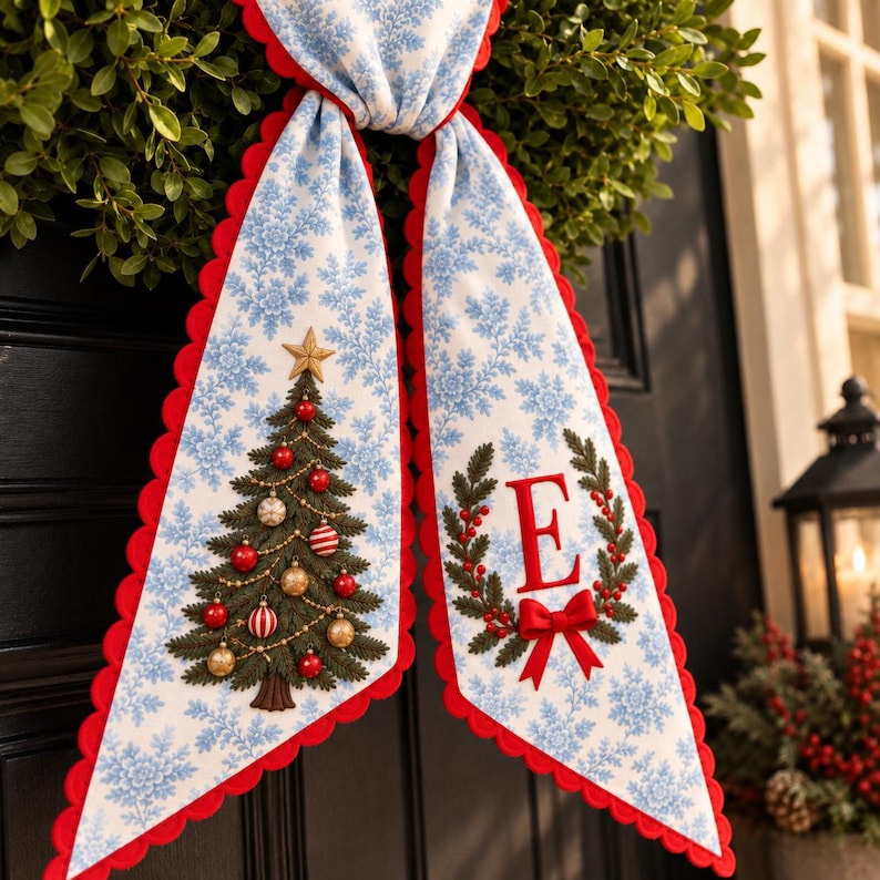 Custom Christmas Tree Wreath Sash with Monogram, Personalized Embroidered Holiday Bow, Christmas Door Decor