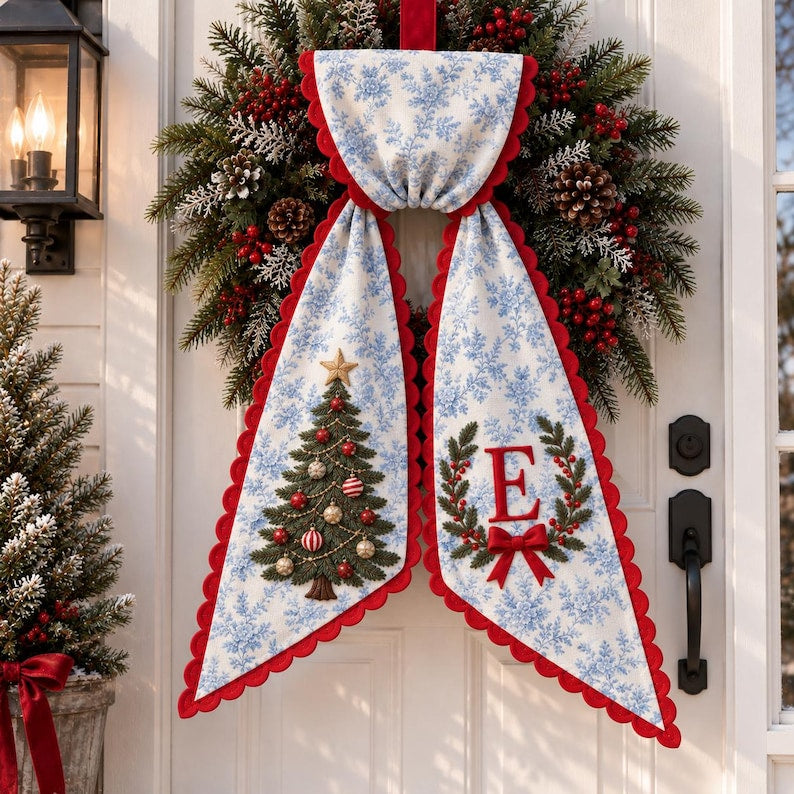 Custom Christmas Tree Wreath Sash with Monogram, Personalized Embroidered Holiday Bow, Christmas Door Decor