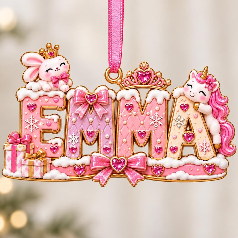 Personalized Princess Christmas Ornament, Custom Girl Name Acrylic Ornament, Pink Unicorn Bunny Keepsake Gift