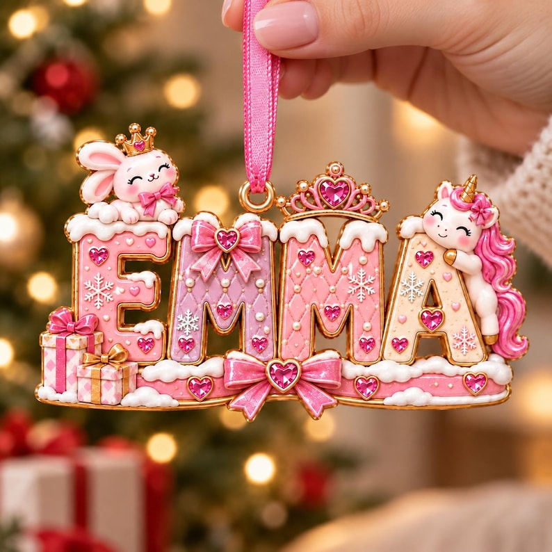 Personalized Princess Christmas Ornament, Custom Girl Name Acrylic Ornament, Pink Unicorn Bunny Keepsake Gift