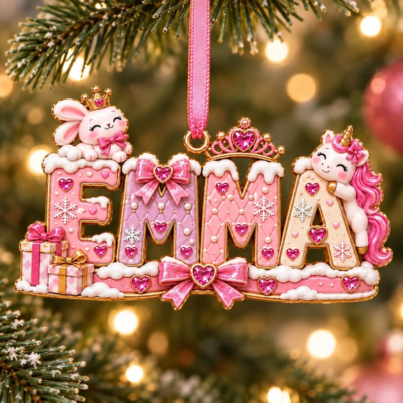 Personalized Princess Christmas Ornament, Custom Girl Name Acrylic Ornament, Pink Unicorn Bunny Keepsake Gift