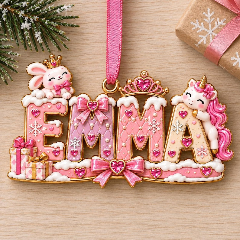 Personalized Princess Christmas Ornament, Custom Girl Name Acrylic Ornament, Pink Unicorn Bunny Keepsake Gift