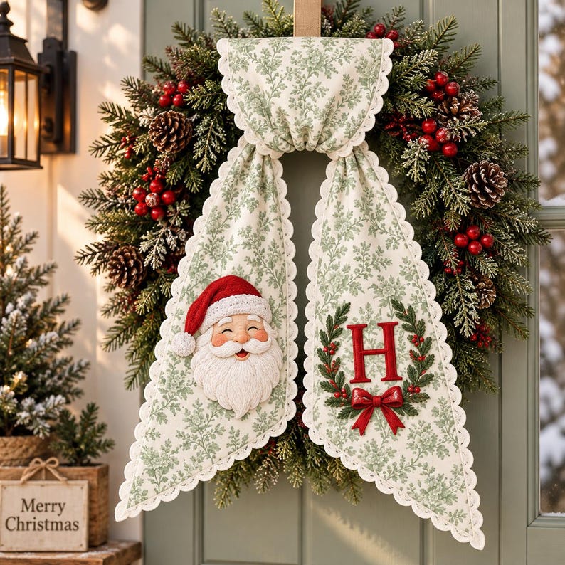 Custom Santa Claus Christmas Wreath Sash with Monogram, Personalized Embroidered Holiday Bow