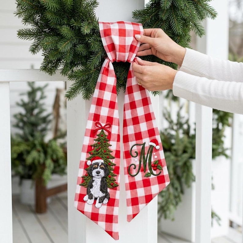 Custom Embroidered Dog Portrait Christmas Wreath Sash, Personalized Pet Lover Newlywed Monogram Door Bow