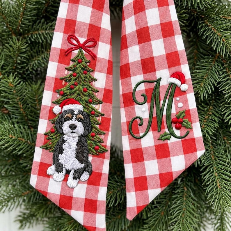 Custom Embroidered Dog Portrait Christmas Wreath Sash, Personalized Pet Lover Newlywed Monogram Door Bow