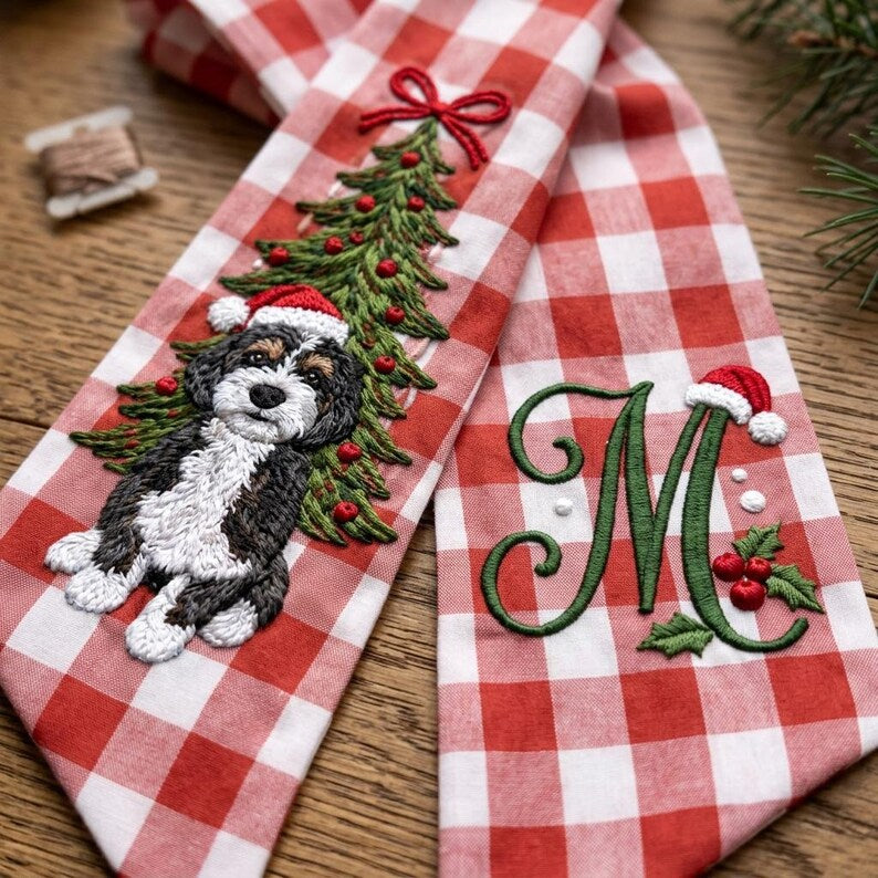 Custom Embroidered Dog Portrait Christmas Wreath Sash, Personalized Pet Lover Newlywed Monogram Door Bow