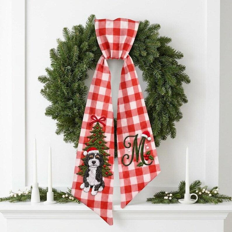 Custom Embroidered Dog Portrait Christmas Wreath Sash, Personalized Pet Lover Newlywed Monogram Door Bow