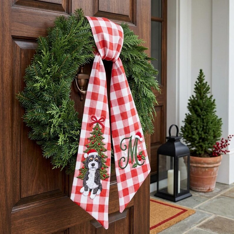 Custom Embroidered Dog Portrait Christmas Wreath Sash, Personalized Pet Lover Newlywed Monogram Door Bow