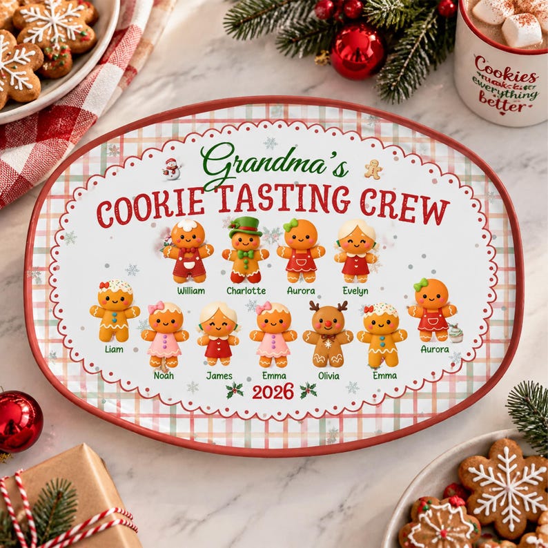 Custom Name Cookie Platter Grandma’s Official Tasing Crew, Personalized Gingerbread Christmas Plate, Grandkids Name Platter Gift