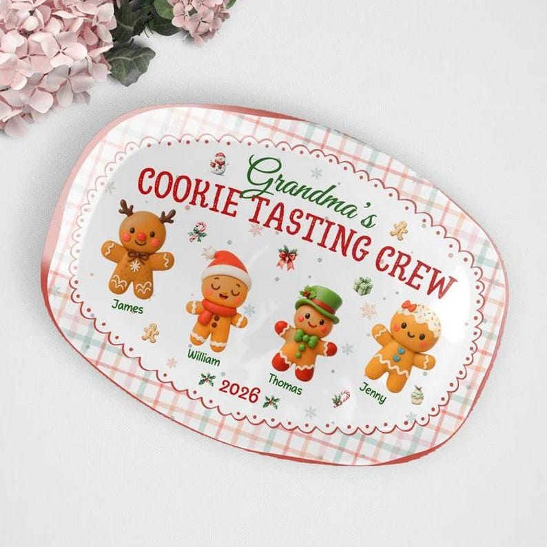 Custom Name Cookie Platter Grandma’s Official Tasing Crew, Personalized Gingerbread Christmas Plate, Grandkids Name Platter Gift
