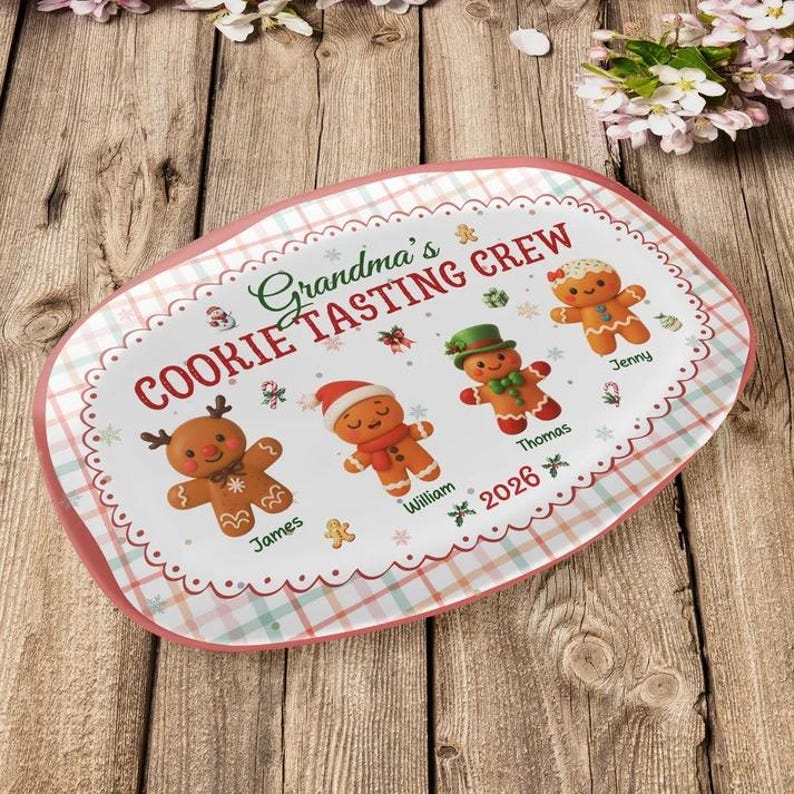 Custom Name Cookie Platter Grandma’s Official Tasing Crew, Personalized Gingerbread Christmas Plate, Grandkids Name Platter Gift