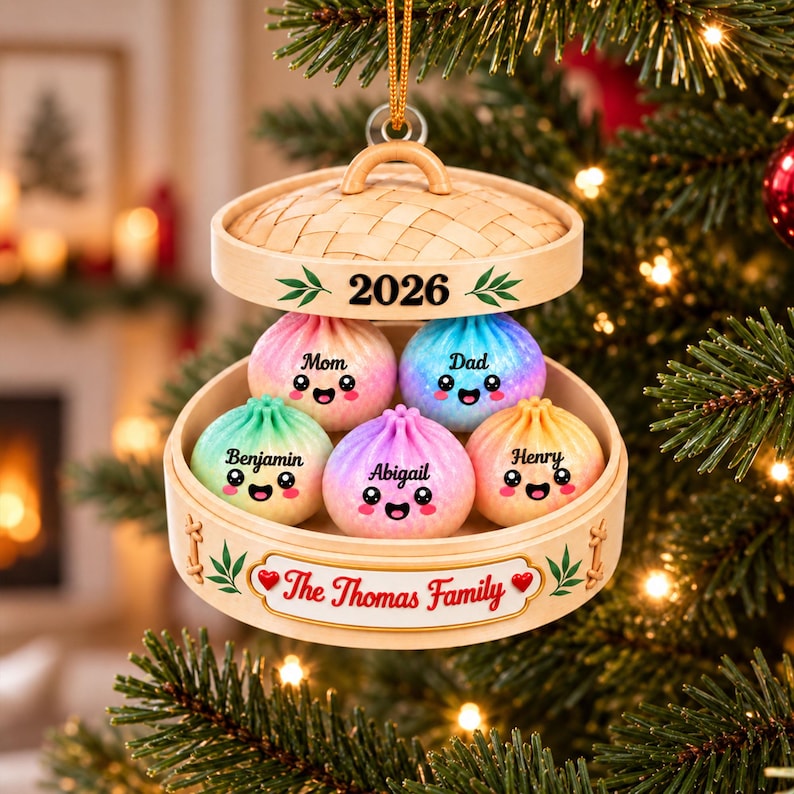 Personalized Squishy Dumpling Acrylic Ornament, Custom Name Glitter Dumpling Ornament, Family Christmas Keepsake