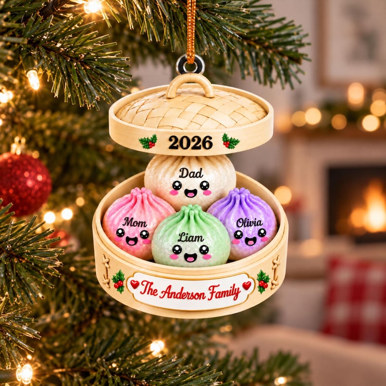 Personalized Squishy Dumpling Acrylic Ornament, Custom Name Glitter Dumpling Ornament, Family Christmas Keepsake