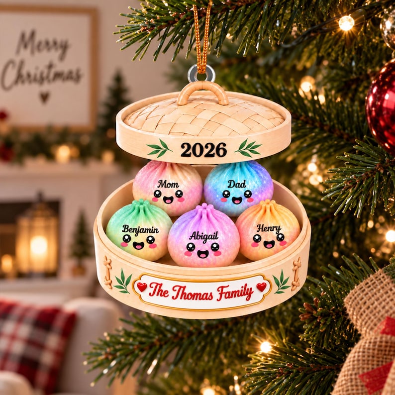 Personalized Squishy Dumpling Acrylic Ornament, Custom Name Glitter Dumpling Ornament, Family Christmas Keepsake