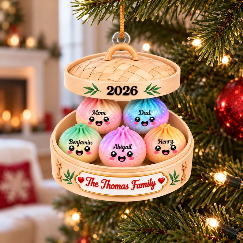 Personalized Squishy Dumpling Acrylic Ornament, Custom Name Glitter Dumpling Ornament, Family Christmas Keepsake