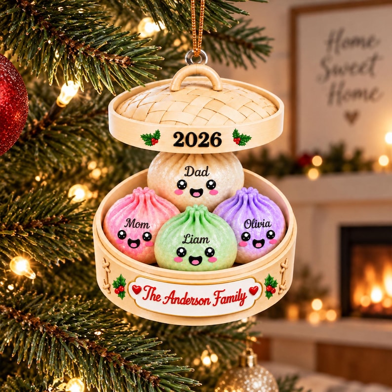 Personalized Squishy Dumpling Acrylic Ornament, Custom Name Glitter Dumpling Ornament, Family Christmas Keepsake