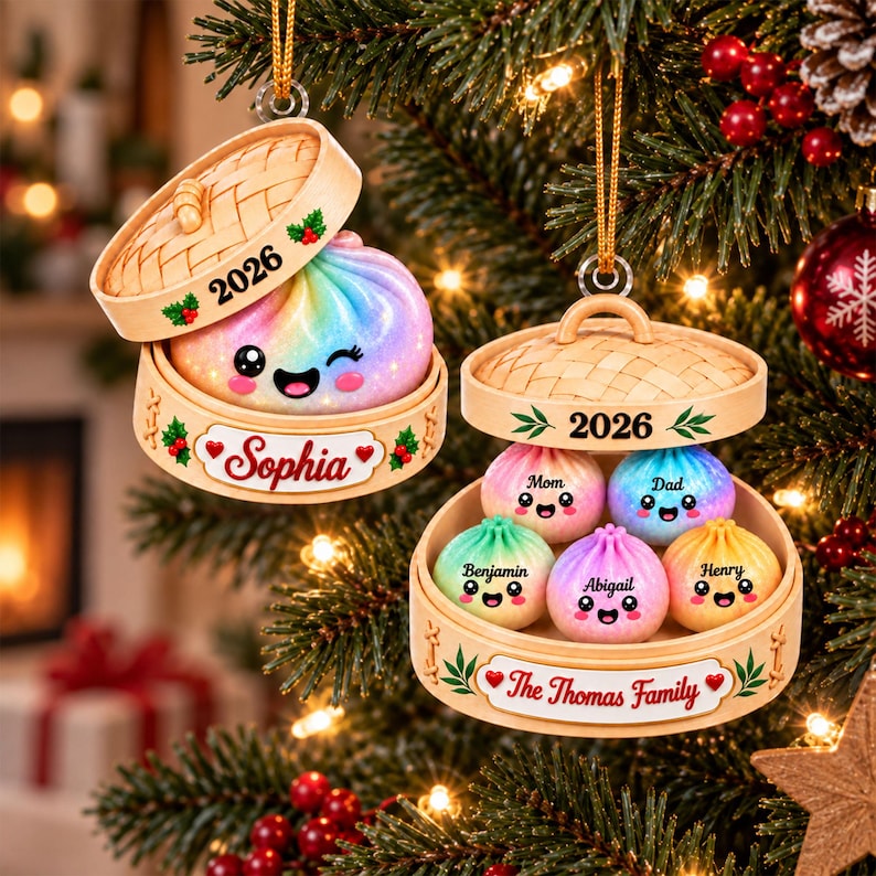 Personalized Squishy Dumpling Acrylic Ornament, Custom Name Glitter Dumpling Ornament, Family Christmas Keepsake