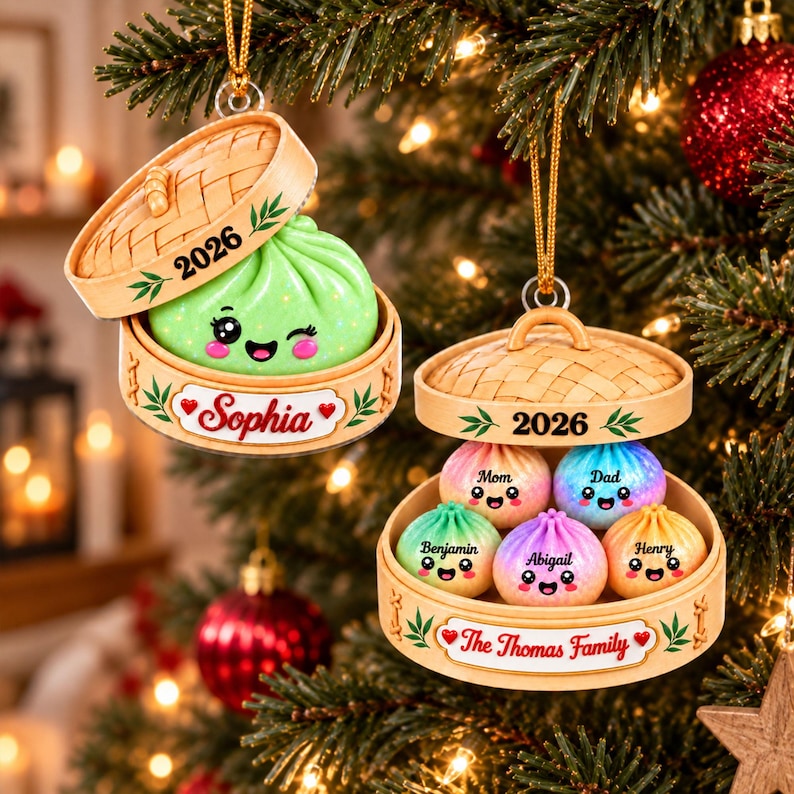 Personalized Squishy Dumpling Acrylic Ornament, Custom Name Glitter Dumpling Ornament, Family Christmas Keepsake