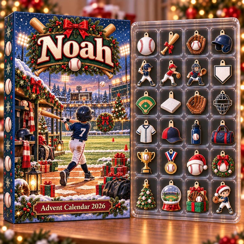 Personalized Baseball Advent Calendar 2026, 24 Sports Charms, Custom Name Christmas Countdown Gift