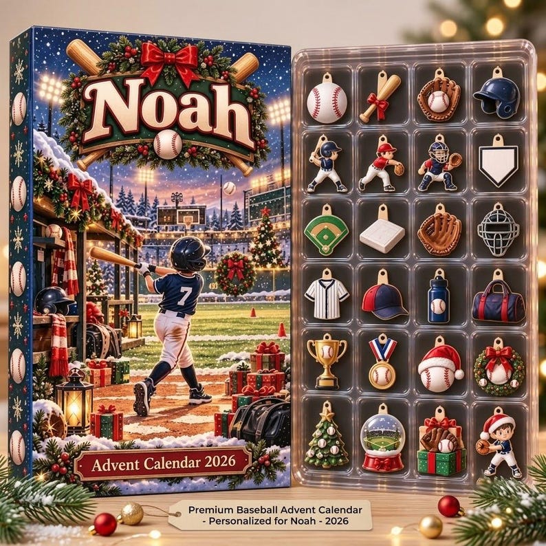Personalized Baseball Advent Calendar 2026, 24 Sports Charms, Custom Name Christmas Countdown Gift