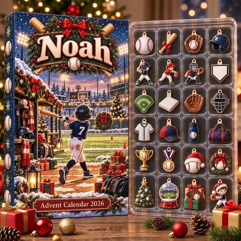 Personalized Baseball Advent Calendar 2026, 24 Sports Charms, Custom Name Christmas Countdown Gift
