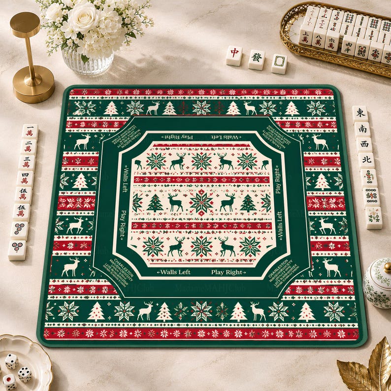 Winter Reindeer Mahjong Mat, Scandinavian Christmas American Mahjong, Snowflake Holiday Game Mat