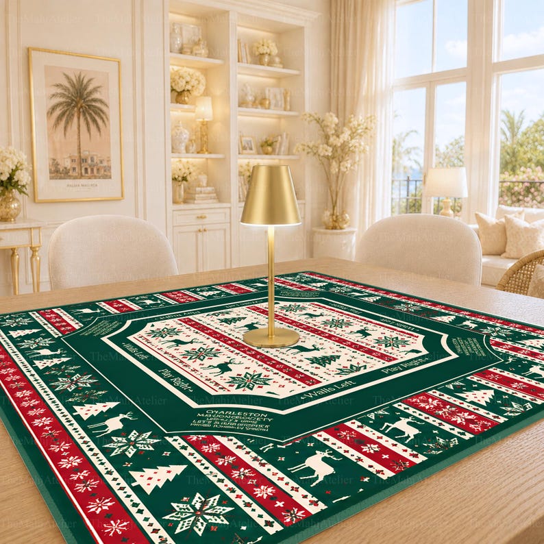 Winter Reindeer Mahjong Mat, Scandinavian Christmas American Mahjong, Snowflake Holiday Game Mat