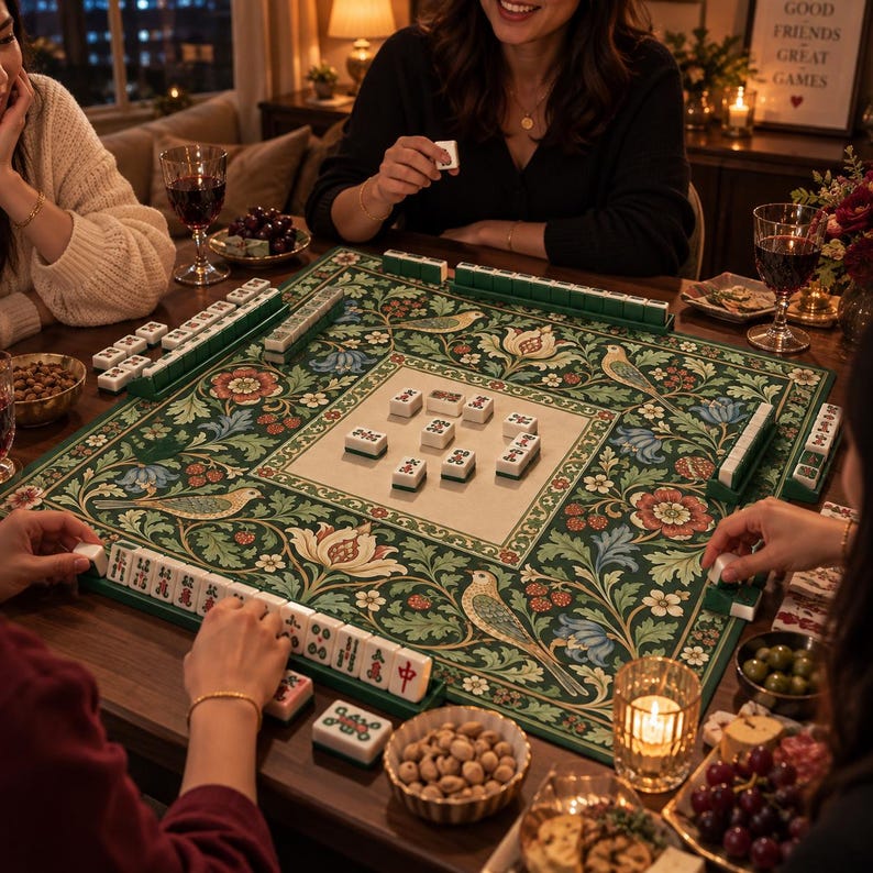 William Morris Inspired Mahjong Mat, Green Botanical Bird and Floral American Mahjong Table Mat, Vintage Game Night Gift