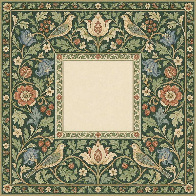 William Morris Inspired Mahjong Mat, Green Botanical Bird and Floral American Mahjong Table Mat, Vintage Game Night Gift