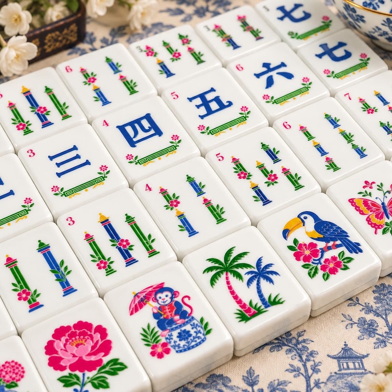 Porcelain Blue Hydrangea Mahjong Tiles Set, 160 Acrylic American Mahjong Tiles, Chinoiserie Game Night Gift