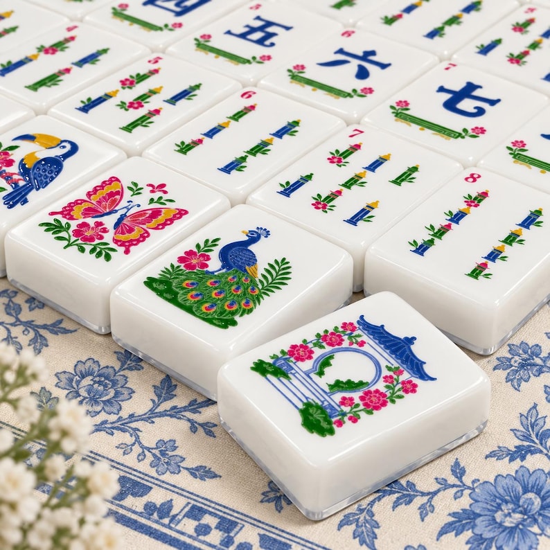 Porcelain Blue Hydrangea Mahjong Tiles Set, 160 Acrylic American Mahjong Tiles, Chinoiserie Game Night Gift