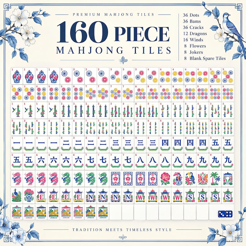 Porcelain Blue Hydrangea Mahjong Tiles Set, 160 Acrylic American Mahjong Tiles, Chinoiserie Game Night Gift