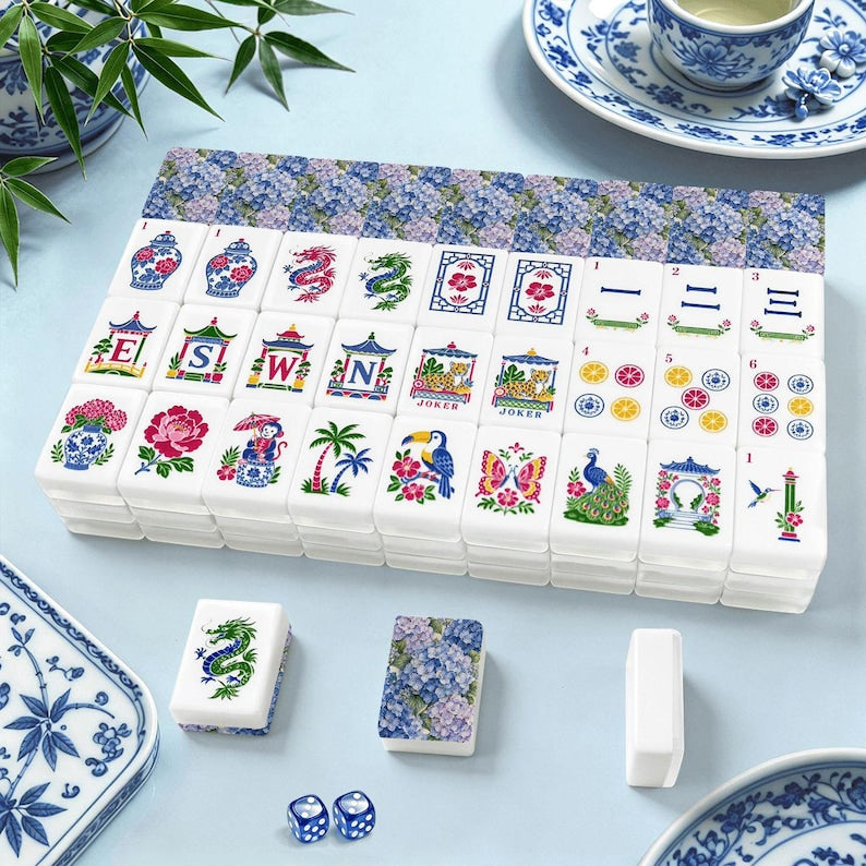 Porcelain Blue Hydrangea Mahjong Tiles Set, 160 Acrylic American Mahjong Tiles, Chinoiserie Game Night Gift