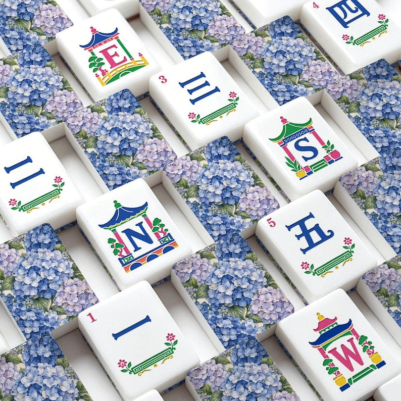 Porcelain Blue Hydrangea Mahjong Tiles Set, 160 Acrylic American Mahjong Tiles, Chinoiserie Game Night Gift