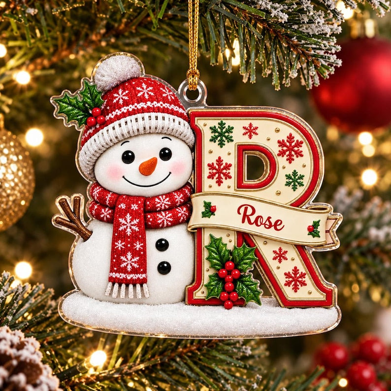 Custom Snowman Initial Christmas Ornament, Personalized Letter Name Bauble, Custom Alphabet Tree Decoration