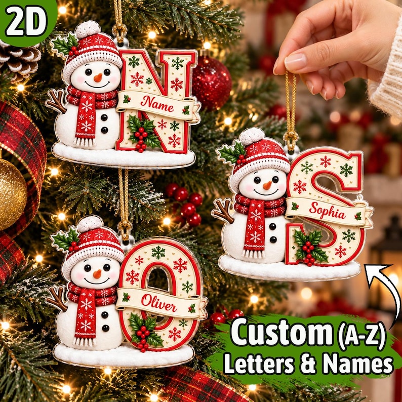 Custom Snowman Initial Christmas Ornament, Personalized Letter Name Bauble, Custom Alphabet Tree Decoration