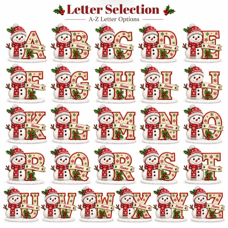 Custom Snowman Initial Christmas Ornament, Personalized Letter Name Bauble, Custom Alphabet Tree Decoration