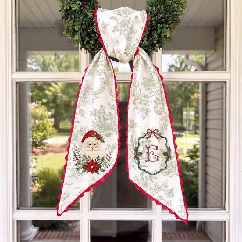 Embroidered Santa Monogram Wreath Sash, Sage Green Toile Door Hanger, Red Scalloped Ribbon Christmas Gift