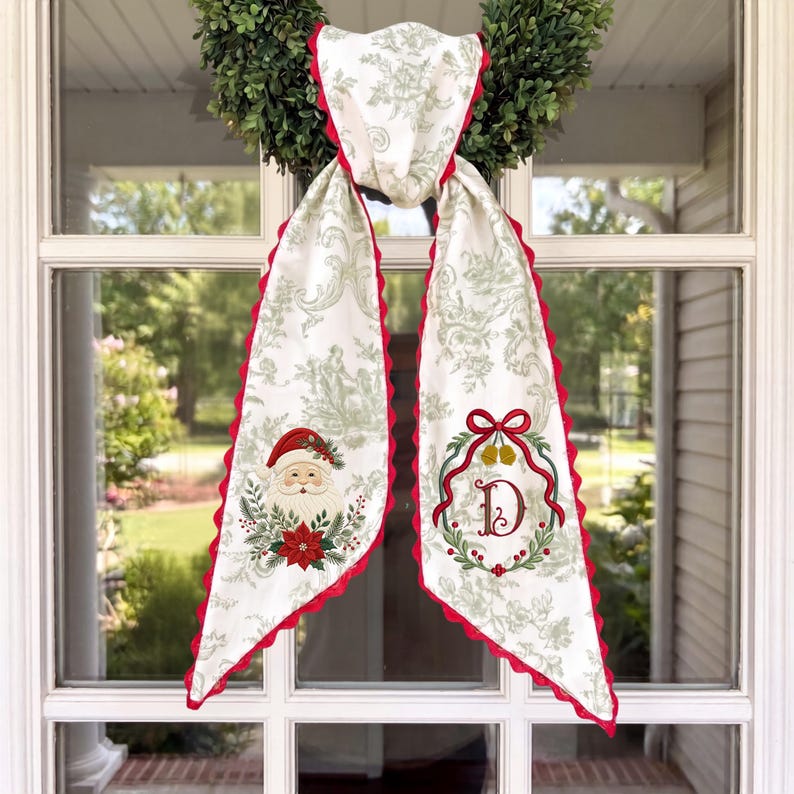 Embroidered Santa Monogram Wreath Sash, Sage Green Toile Door Hanger, Red Scalloped Ribbon Christmas Gift