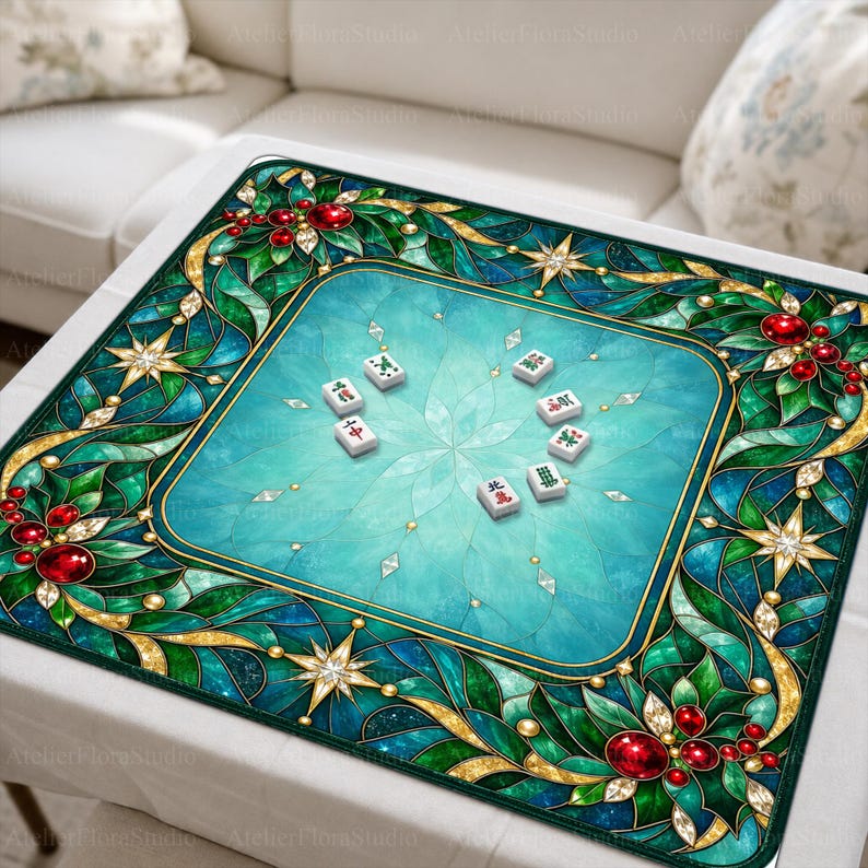 Teal Christmas Mahjong Mat, Holly Berry Non-Slip Noise Reducing Table Cover, Winter Holiday Table Mat