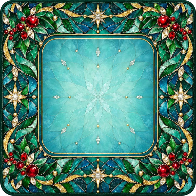 Teal Christmas Mahjong Mat, Holly Berry Non-Slip Noise Reducing Table Cover, Winter Holiday Table Mat
