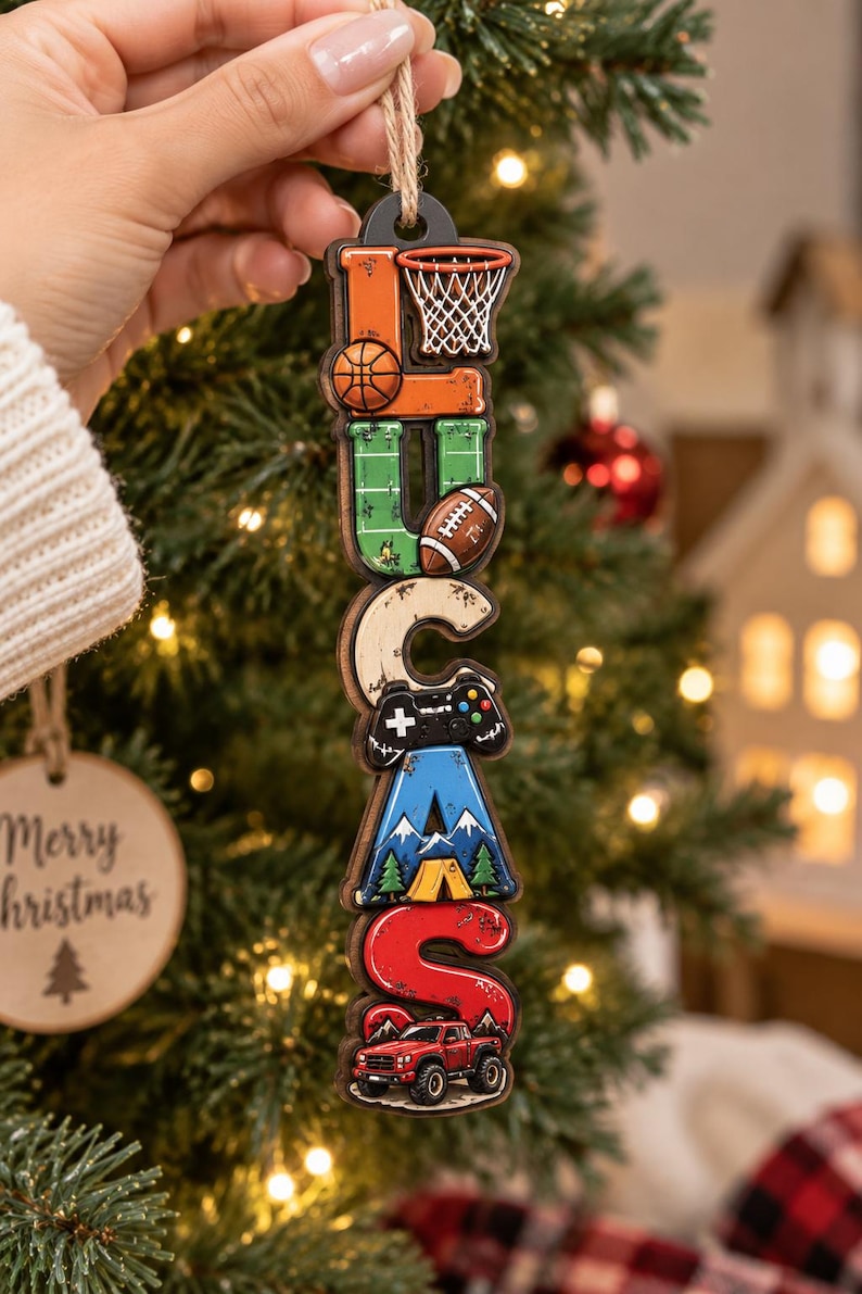 Personalized Boy Name Ornament, Custom Hobby Christmas Gift, Kids Name Keepsake