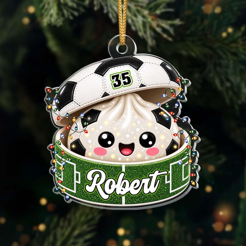 Personalized Soccer Dumpling Ornament, Custom Name & Number, Glitter Kawaii Keepsake