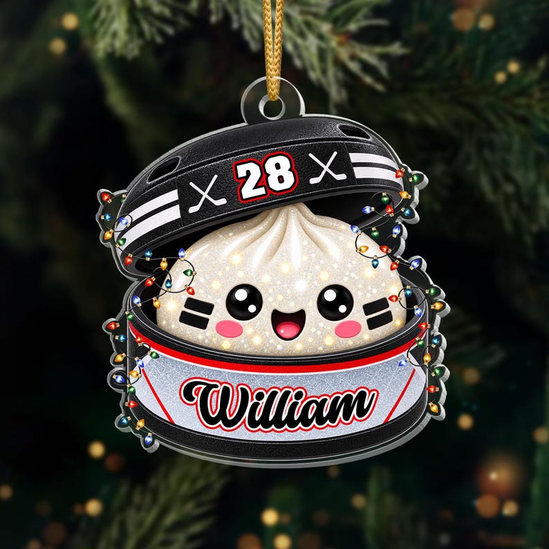 Personalized Hockey Dumpling Ornament, Custom Name & Number, Glitter Christmas Keepsake