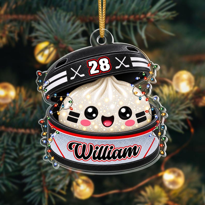 Personalized Hockey Dumpling Ornament, Custom Name & Number, Glitter Christmas Keepsake