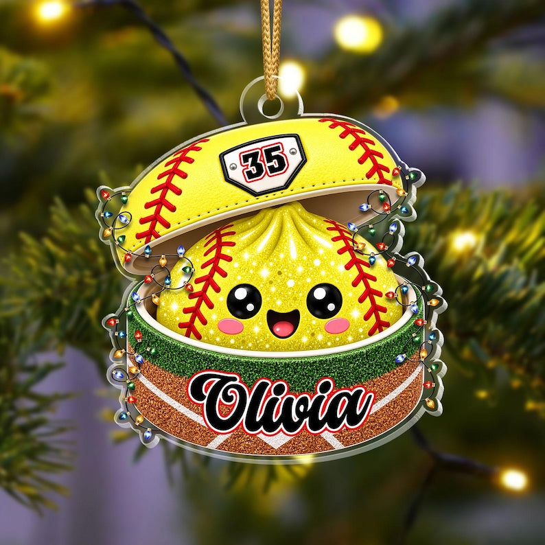 Personalized Softball Dumpling Ornament, Custom Name & Number, Glitter Christmas Keepsake