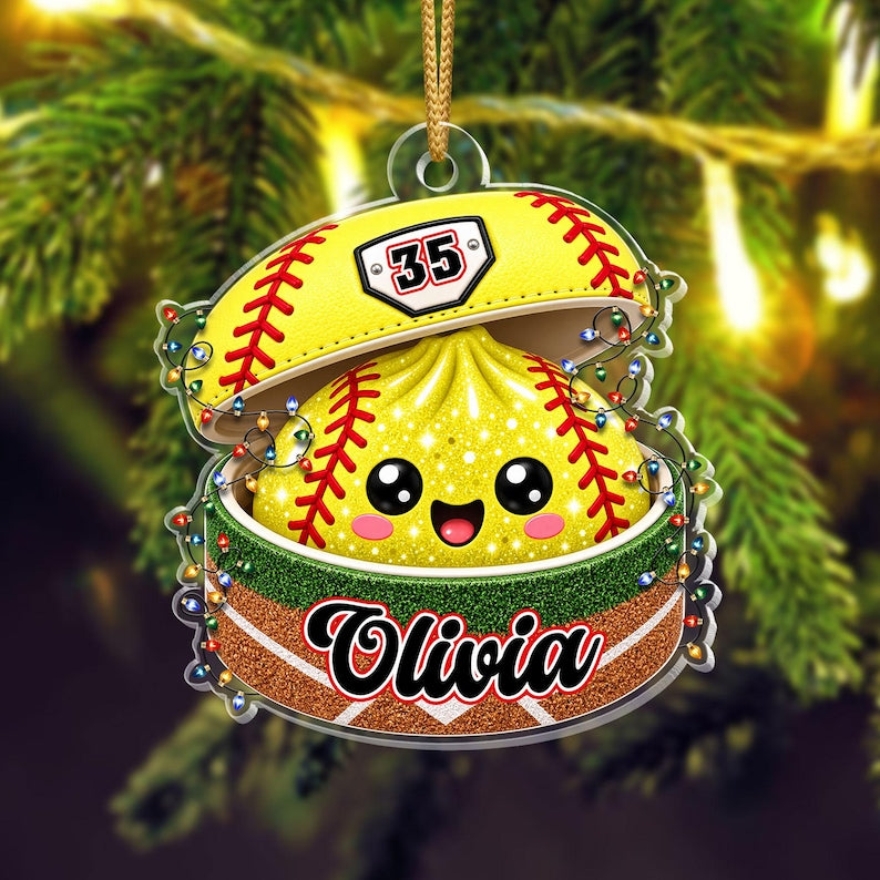 Personalized Softball Dumpling Ornament, Custom Name & Number, Glitter Christmas Keepsake